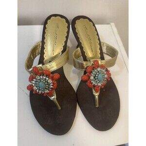 Beverly Feldman Iridescent Gold Leather Turquoise Orange Rhinestone Sandals 6.5M